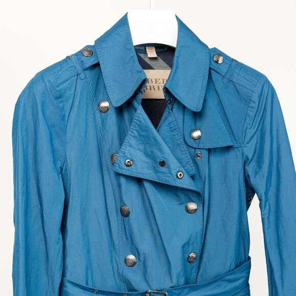 Burberry Brit Blue Double-Breasted Belted Short Rain Coat - Picture 3 of 13